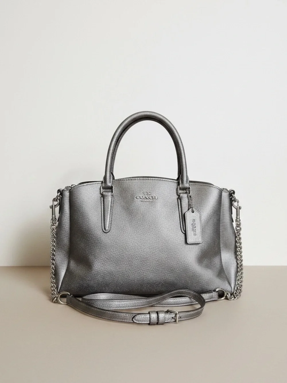 ✨ Coach Mini Sage Silver Metallic Leather Crossbody Satchel EUC